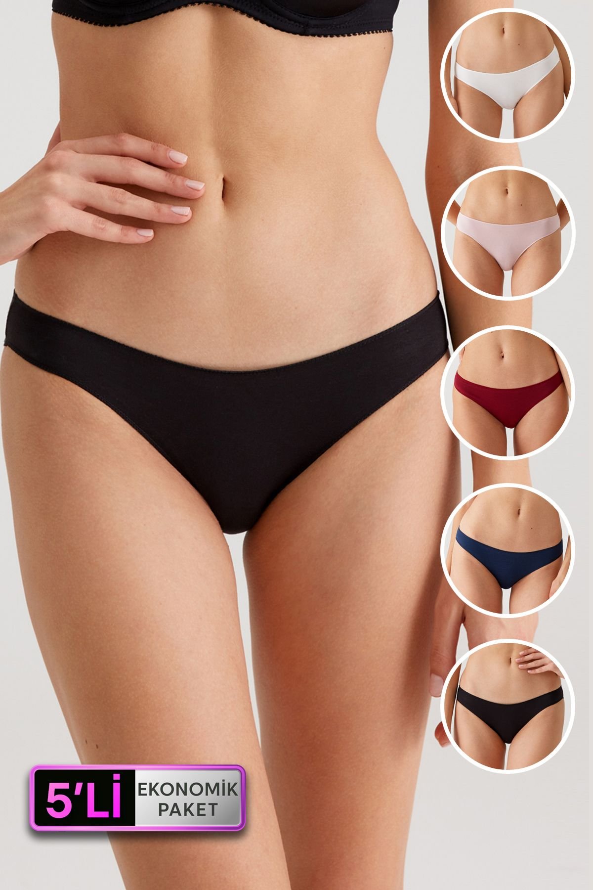Kadın 5'li Ekonomik Paket Siyah-lacivert-bordo-pudra-ekru 2050 No Show Pamuklu Basic Bikini Slip